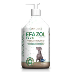 Efazol Plus Liquid Skin Supplement 750ml for dogs, promoting healthy skin with Omega-3, Zinc, and Biotin.