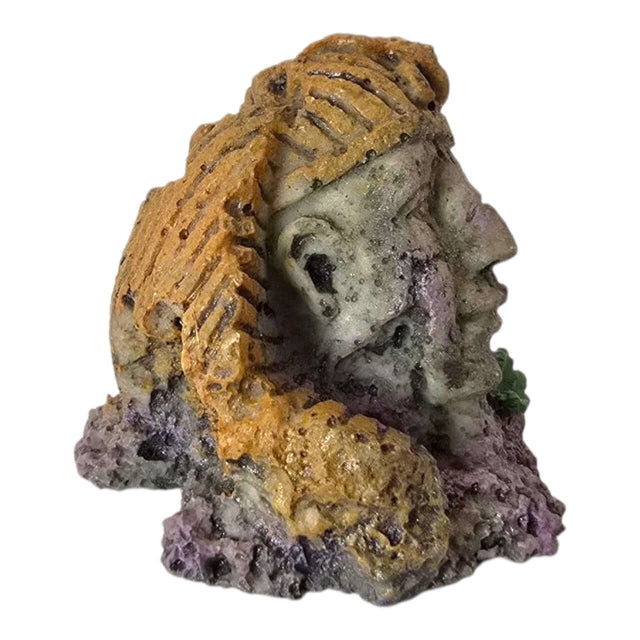 Egyptian Pharaoh Head Small decor piece for aquariums or terrariums, featuring a weathered design and stylized headdress.