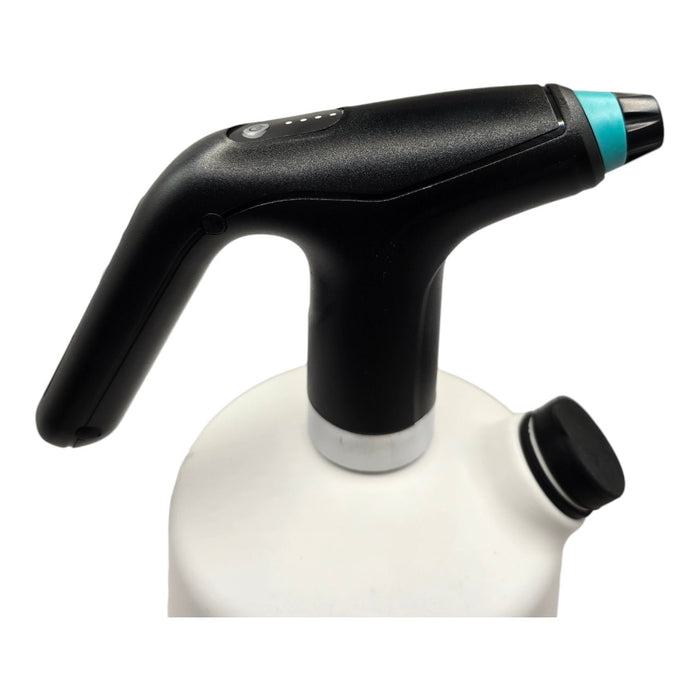 Close-up of the handle and nozzle of a rechargeable 2L electric spray bottle with adjustable spray settings.