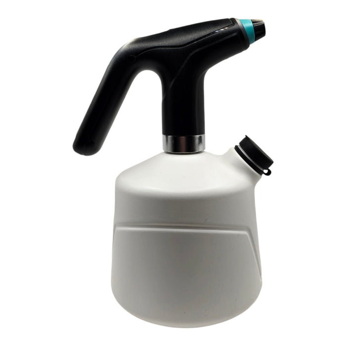 Electric spray bottle with ergonomic handle and adjustable nozzle for misting and foliar feeding, 2L capacity.