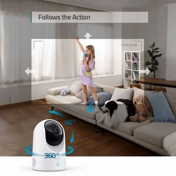 eufy 2K AI Indoor Security Camera tracking movement of a child in a living room with a dog on the sofa.