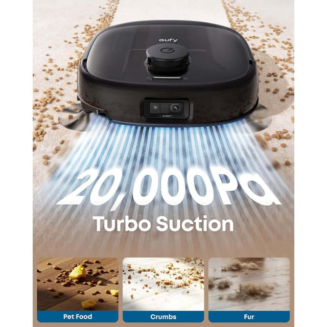 Eufy E25 Omni Robot Vacuum with 20,000 Pa Turbo Suction cleaning pet food, crumbs, and fur.