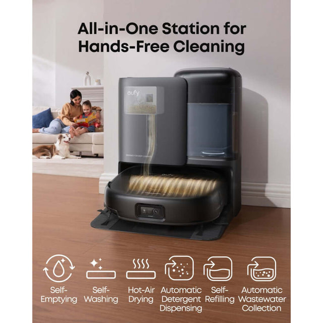 Eufy E25 Omni Robot Vacuum all-in-one station for hands-free cleaning with self-emptying and self-washing features.