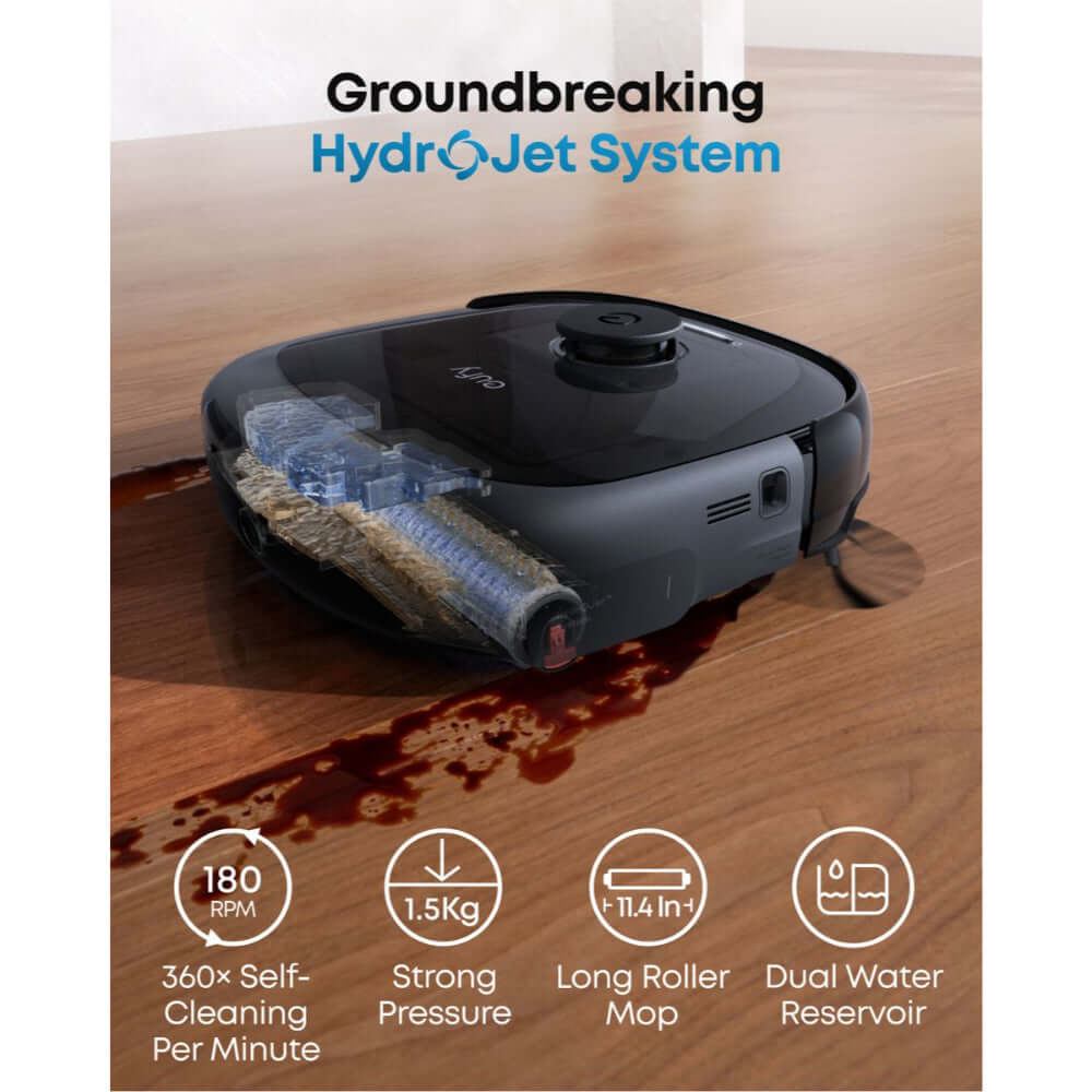 Eufy E25 Omni Robot Vacuum showcasing the HydroJet System with features like dual water reservoir and long roller mop.