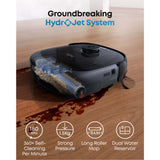 Eufy E25 Omni Robot Vacuum showcasing the HydroJet System with features like dual water reservoir and long roller mop.