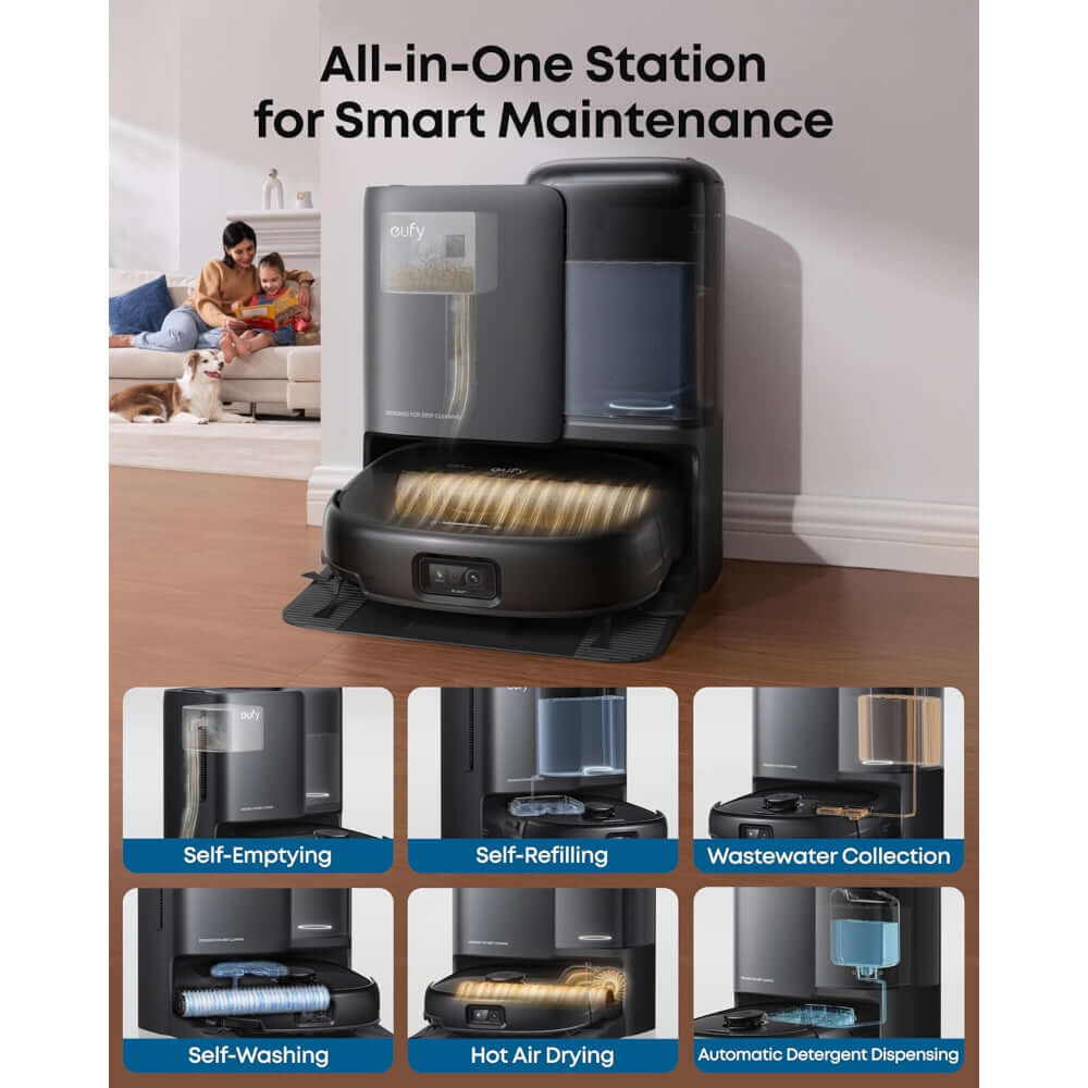 Eufy E25 Omni Robot Vacuum all-in-one station with self-emptying, self-refilling, and smart maintenance features.