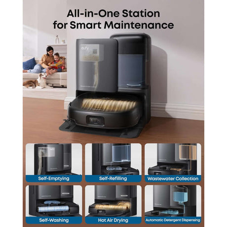 Eufy E25 Omni Robot Vacuum all-in-one station with self-emptying, self-refilling, and smart maintenance features.