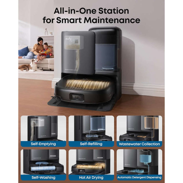 Eufy E25 Omni Robot Vacuum all-in-one station with self-emptying, self-refilling, and smart maintenance features.