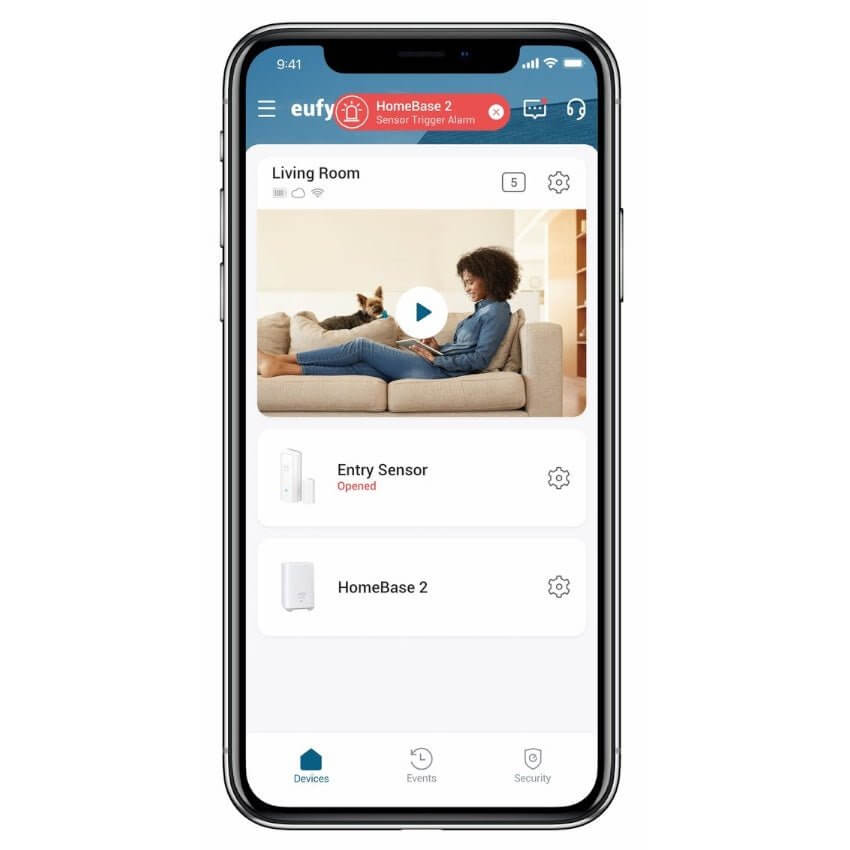 eufy Security app interface showing HomeBase and Entry Sensor status in a living room setting.