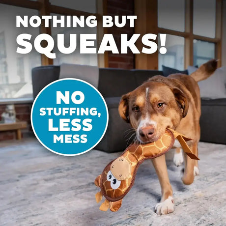 Dog playing with Fire Biterz Giraffe Dog Toy, showcasing durability and squeaky fun.