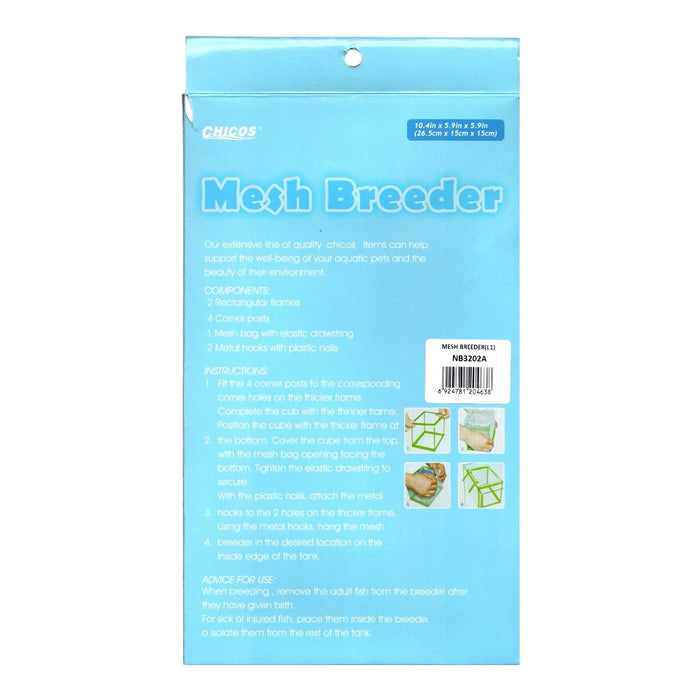 Mesh Breeder for aquariums, features clear instructions and dimensions for safe breeding and isolation of fish.