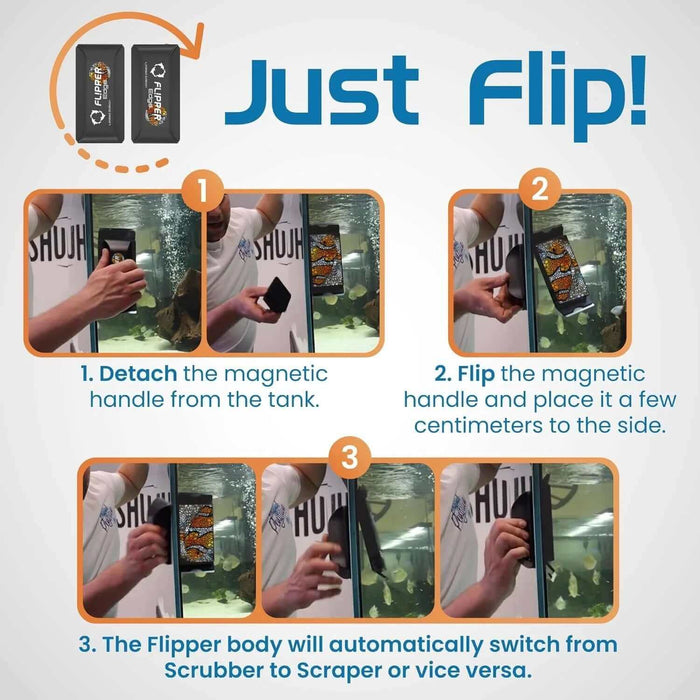 Step-by-step guide for using the Flipper Edge Clownfish Aquarium Magnet Cleaner, highlighting the flipping mechanism.