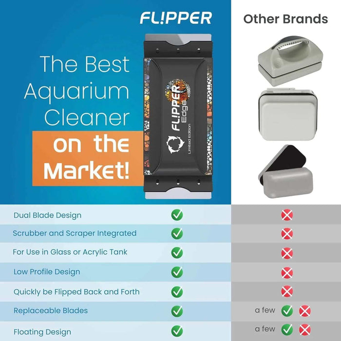 Flipper Edge Clownfish Aquarium Cleaner comparison chart showcasing features vs. other brands, highlighting dual blade design and more.