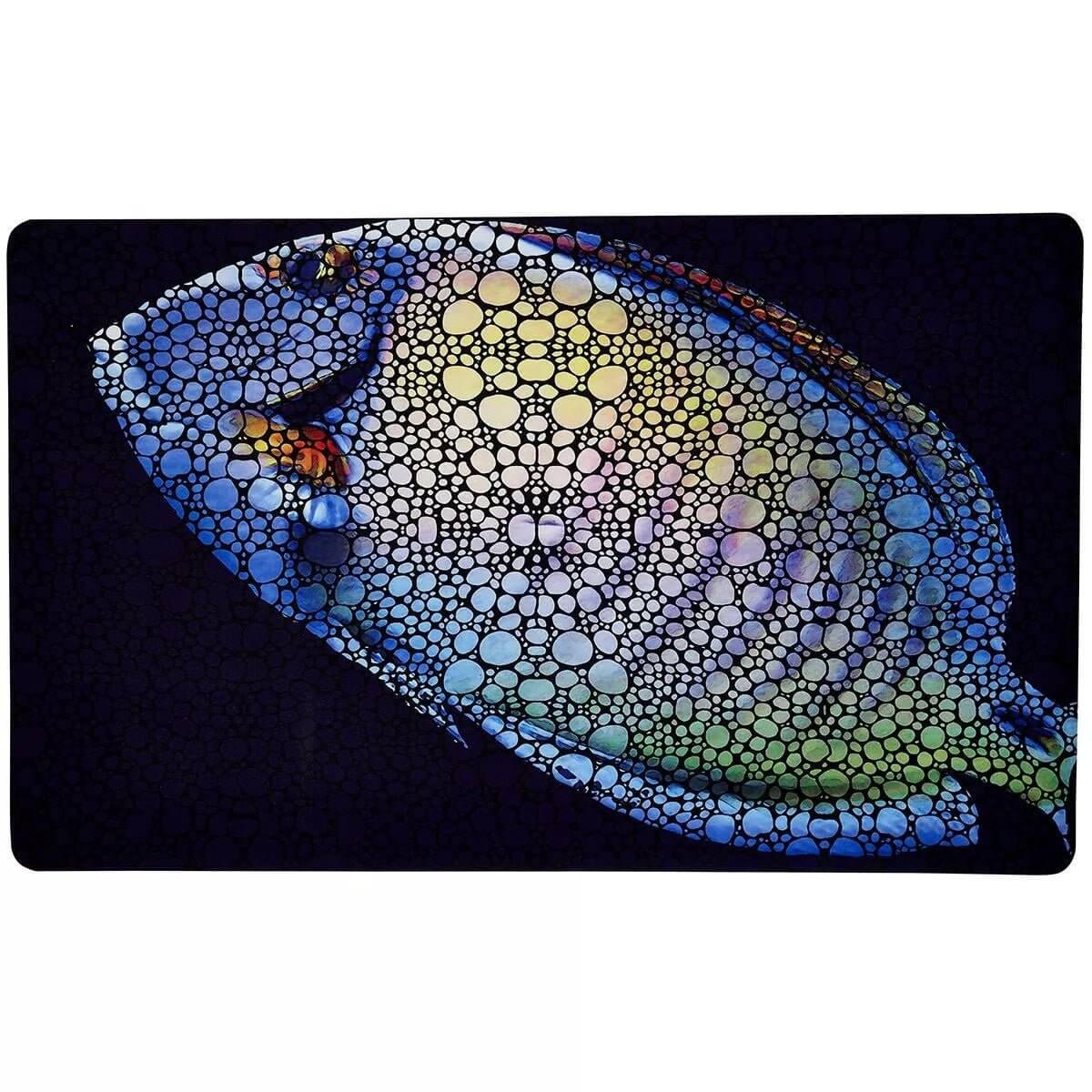 Vibrant Flipper Tang Anti-Fatigue Floor Mat featuring colorful bubble artwork by Sharon Cummings for home or aquarium decor.