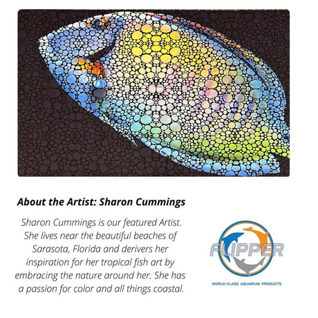 Colorful artwork by Sharon Cummings featuring tropical fish, highlighting ocean-inspired themes for Flipper Tang products.
