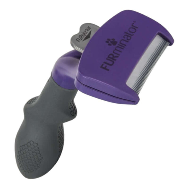 Furminator Cat DeShedding Tool for long hair, reduces shedding by up to 90%, featuring stainless steel edge and FURejector® button.