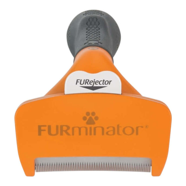 Furminator Dog DeShedding Tool with FURejector button and stainless steel edge for effective shedding reduction.