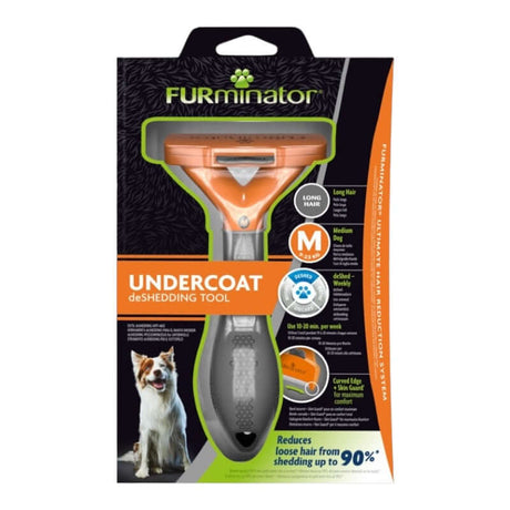 Furminator Dog DeShedding Tool packaging showcases the stainless steel edge and FURejector® button for easy use.