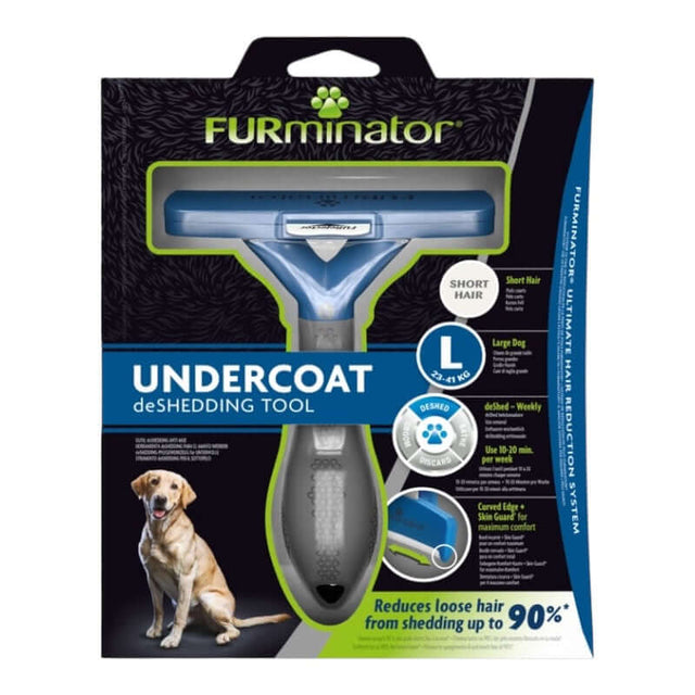 Furminator Dog DeShedding Tool packaging, designed to reduce shedding up to 90% for large dogs with short hair.
