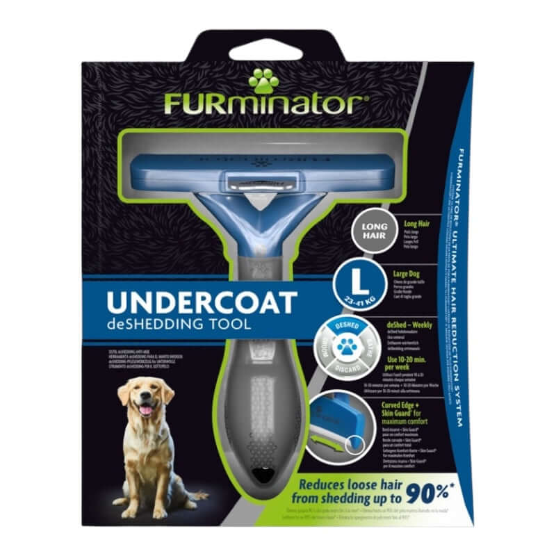 Furminator Dog DeShedding Tool packaging showcasing undercoat deShedding tool for effective loose hair reduction.