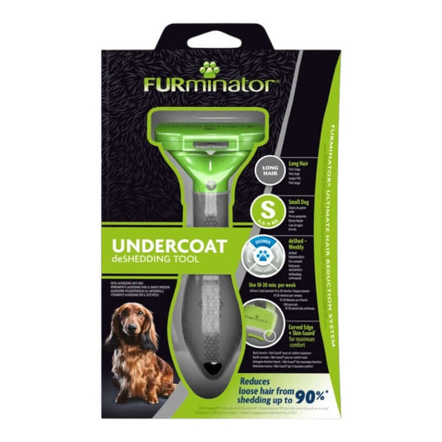 Furminator Dog DeShedding Tool packaging showing design and features to reduce shedding by up to 90%.