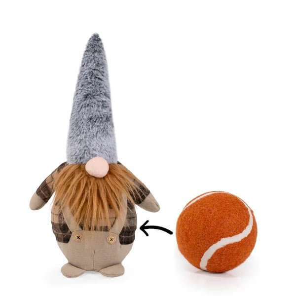 Gerard Gonk holiday dog toy with hidden squeaky tennis ball, dressed in plaid shirt and overalls for festive fun.