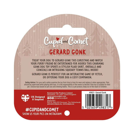 Gerard Gonk holiday dog toy packaging with plaid shirt design and squeaky tennis ball hidden inside. Ideal for playful pups.