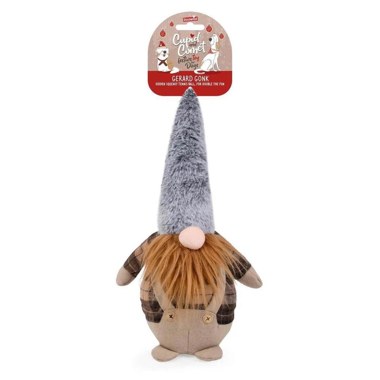 Gerard Gonk holiday dog toy with plaid shirt, overalls, and a tall fuzzy hat, perfect for Christmas playtime.