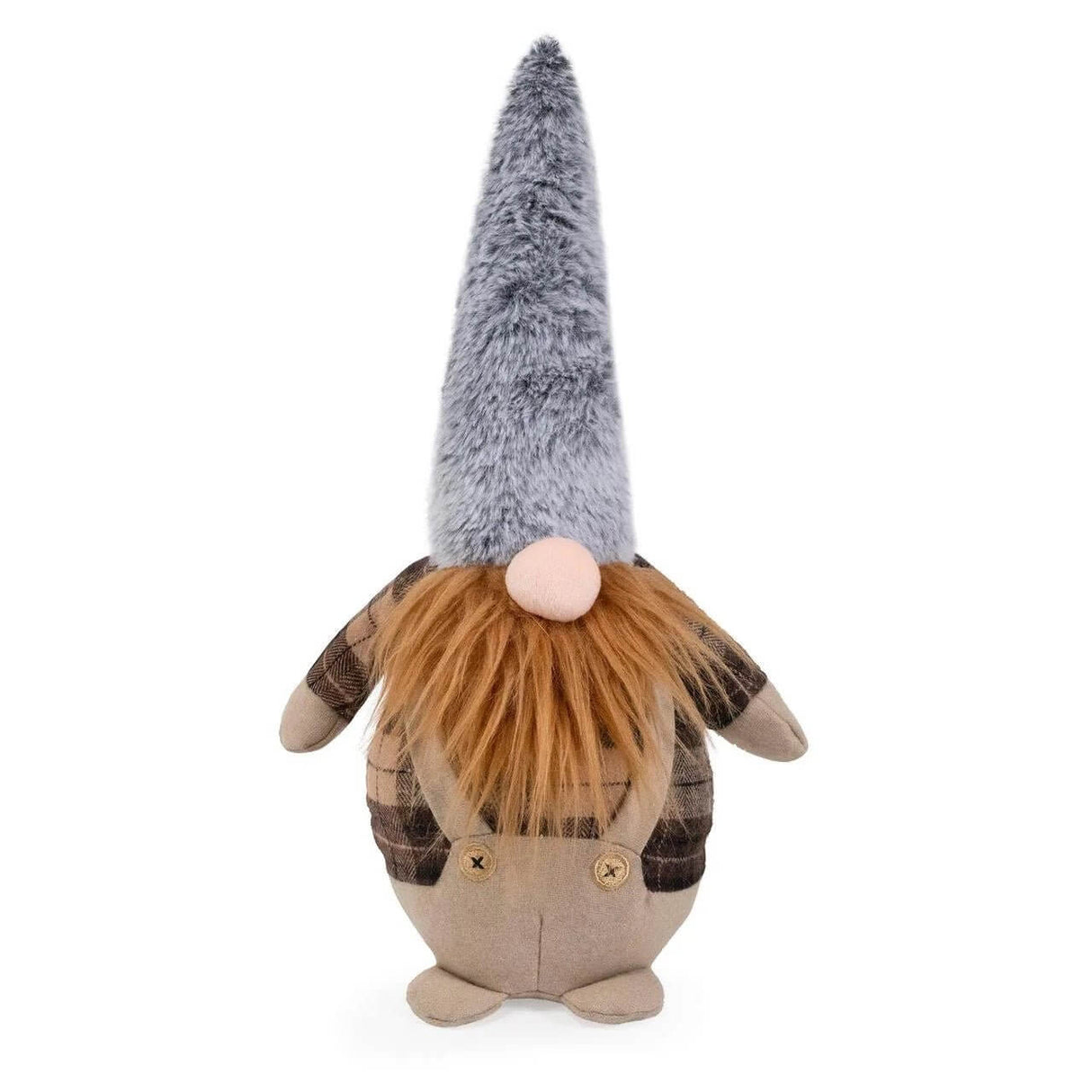 Plush Gerard Gonk holiday dog toy with plaid shirt, overalls, and a fluffy hat, perfect for festive fun.