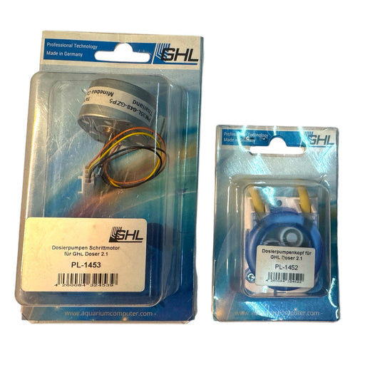 GHL Doser 2.1 spare parts including PL-1453 motor and PL-1452 head in packaging for aquarium technology.