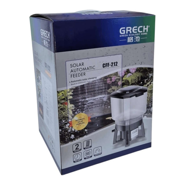 Grech Solar Auto Pond Fish Feeder packaging with solar automatic feeder features and specifications.