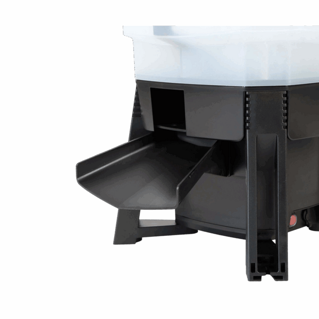 Grech Solar Auto Pond Fish Feeder close-up showing feeding chute and adjustable settings for automatic fish feeding.