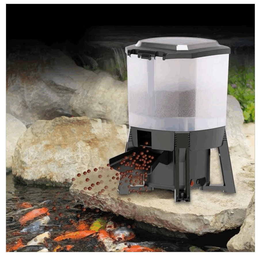 Grech Solar Auto Pond Fish Feeder dispensing fish food into a pond with colorful koi fish.
