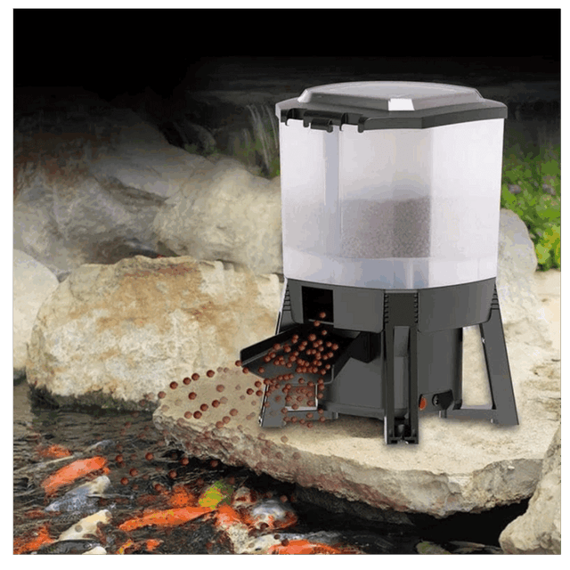 Grech Solar Auto Pond Fish Feeder dispensing fish food into a pond with colorful koi fish.