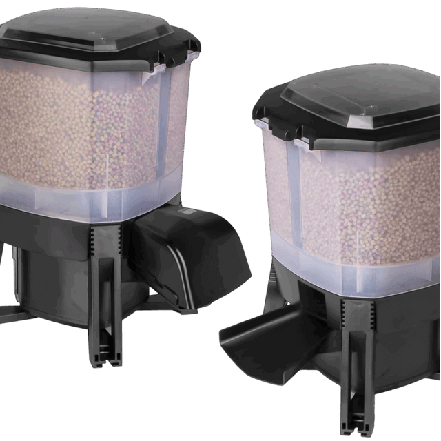 Grech Solar Auto Pond Fish Feeder duo with adjustable feeding schedule and large capacity for convenient fish feeding.