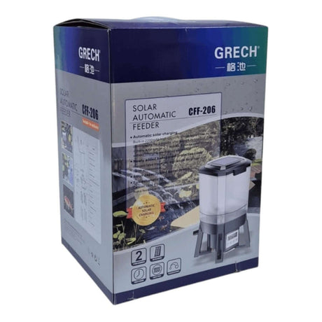Grech Solar Auto Pond Fish Feeder CFF-206 packaging showcasing automatic fish feeding features.