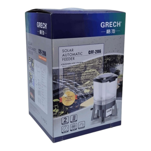 Grech Solar Auto Pond Fish Feeder CFF-206 packaging showcasing automatic fish feeding features.