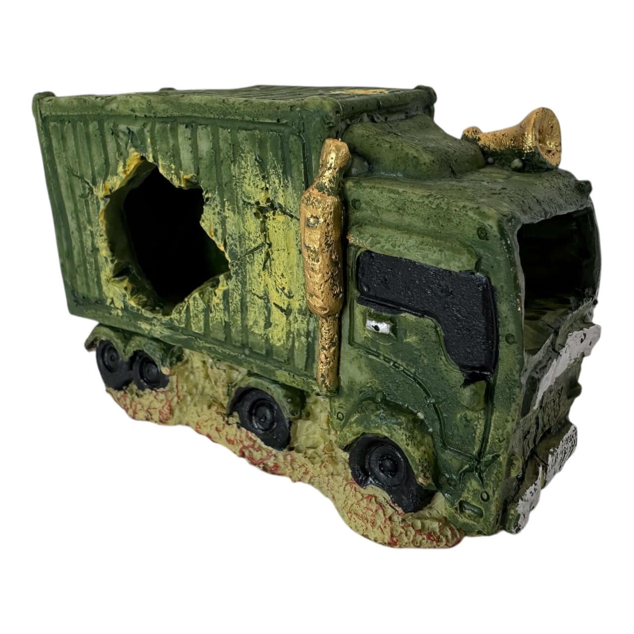 Green truck aquarium ornament made of resin, depicting a weathered military truck with a hole and textured surfaces.