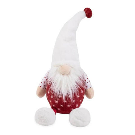 Festive plush gonk toy with red outfit and white hat, perfect for holiday playtime with dogs.