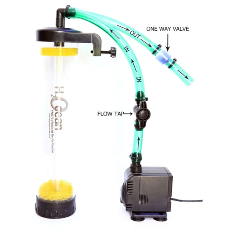 H2Ocean FMR75 Fluidised Reactor setup with flow tap, one-way valve, and pump for aquariums.