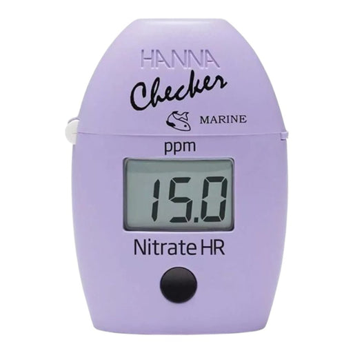 Hanna HI782 Nitrate High Range Colorimeter displaying 15.0 ppm for marine water testing.