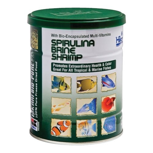 Hikari Bio-Pure FD Spirulina Brine Shrimp can with tropical fish images, promoting health and color for marine pets.