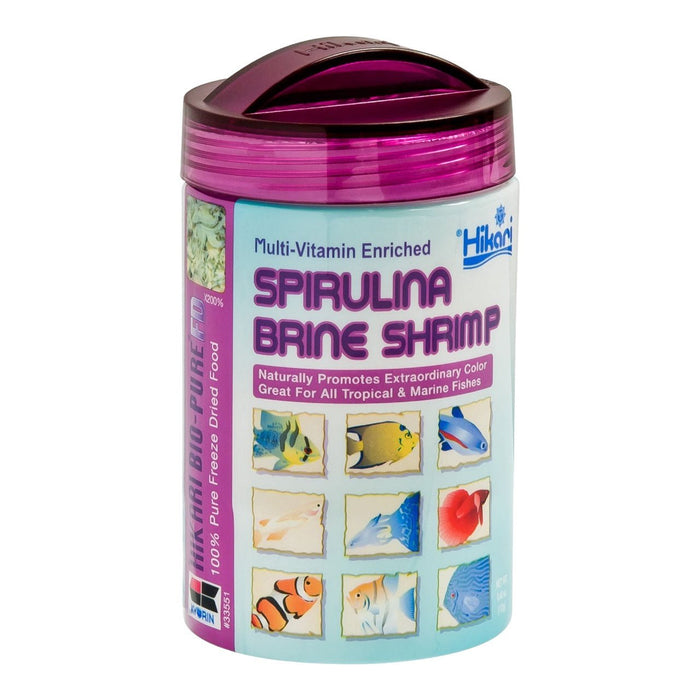 Hikari Spirulina Brine Shrimp container, enriched with vitamins for tropical and marine fish, promoting vibrant color and health.