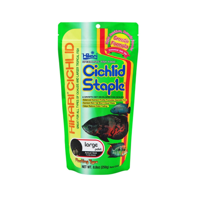 Hikari Cichlid Staple 250g packaging for daily nutrition of cichlids and larger tropical fish, promoting growth and health.