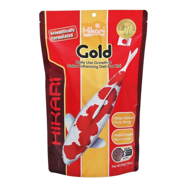 Hikari Gold koi food package with vibrant colors, promoting growth and color enhancement for koi fish.