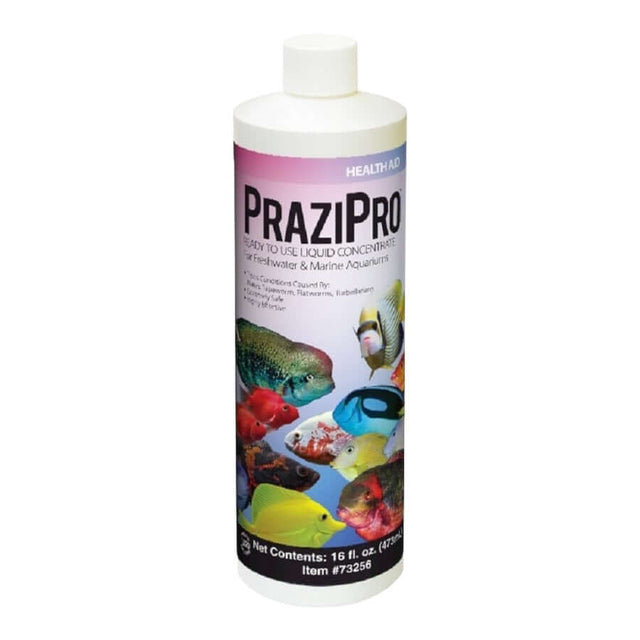 Hikari PraziPro liquid concentrate for controlling parasites in ponds and aquariums with colorful fish illustration.