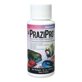 Hikari PraziPro liquid concentrate bottle for controlling aquarium and pond parasites, safe for freshwater and marine environments.