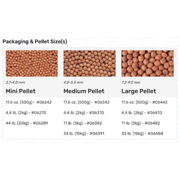 Hikari Wheat-Germ Plus Growth pellet size packaging details: mini, medium, and large options for koi food.