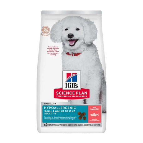 Hills Science Plan Hypoallergenic Adult Small & Mini with Salmon Dry Dog Food, 10 kg bag for small breed dogs.