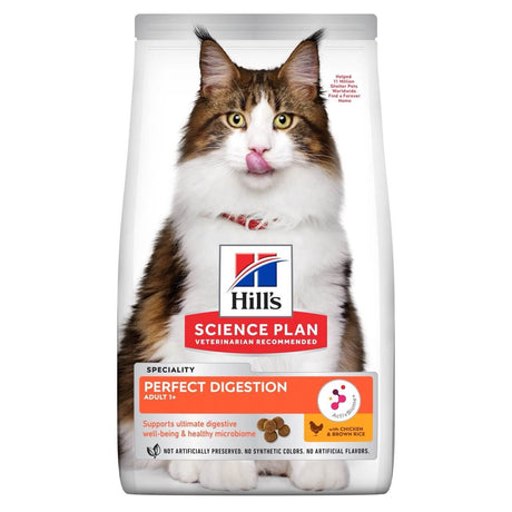 Hill's Science Plan Perfect Digestion Chicken Adult Cat Food bag featuring a healthy cat, promoting digestive well-being and healthy microbiome.